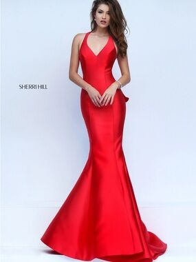 Sherri Hill Vibrant Red V-Neck Mermaid Gown
